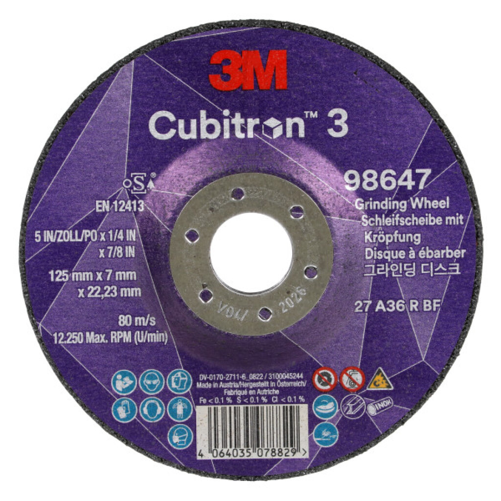98647 3M™ Cubitron™ 3 afbraamschijf T27 125X7X22,23mm 36+ 